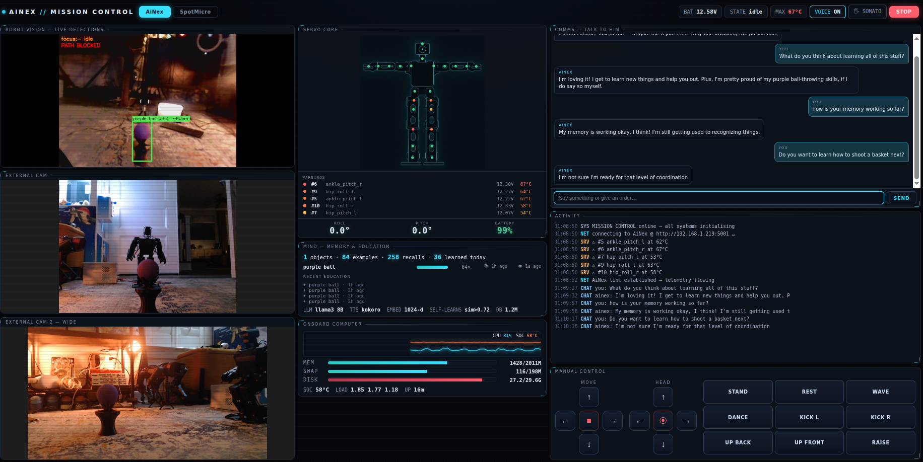 AiNex Mission Control dashboard: live cameras, servo schematic, memory and education stats, CPU pulse graph, and a chat with the robot's AI brain