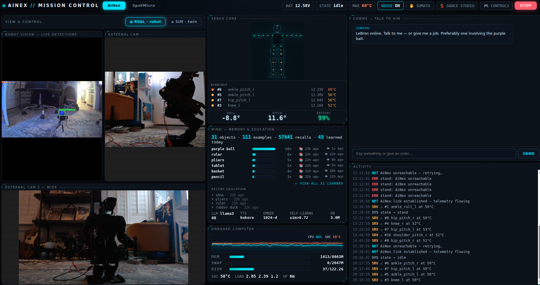 AdamAI mission control dashboard: live cameras, a body wireframe, a memory panel, a chat box, and a live activity feed