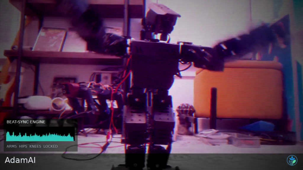 AdamAI humanoid robot dancing with a beat-sync visualizer overlay
