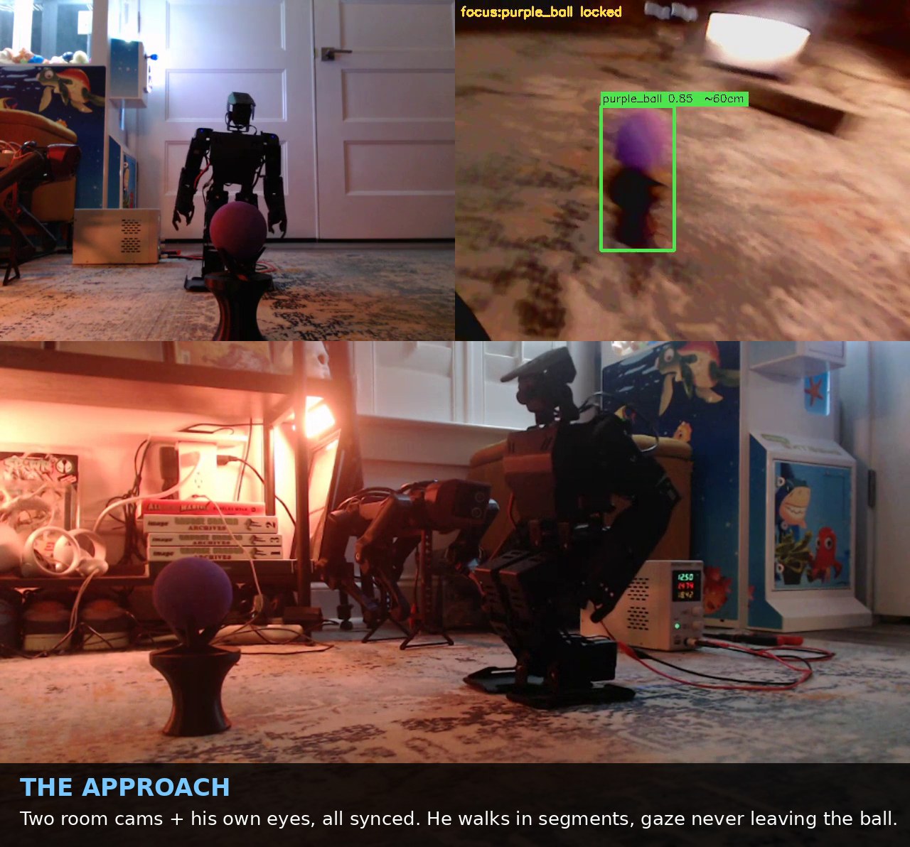 Three synced views of AiNex mid-approach, eye locked at 60cm