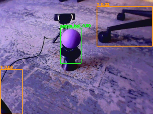 The robot's own camera view with a green box labeled purple_ball on the ball and other objects rejected