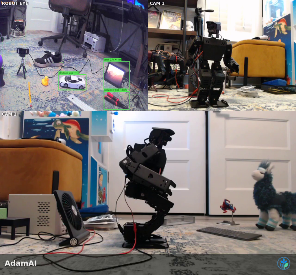Three camera views of the robot scanning a room and recognizing objects
