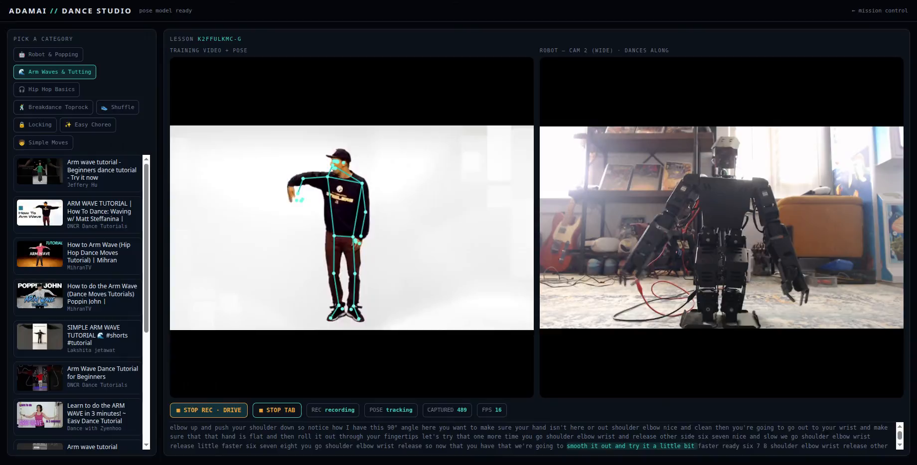 The AdamAI Dance Studio: a dance tutorial on the left, AdamAI dancing along on the right