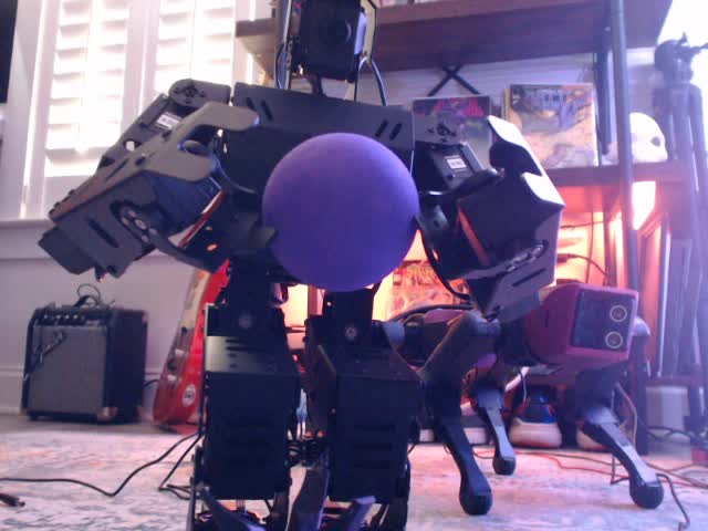 AiNex humanoid holding a purple ball clamped between both forearms against its chest