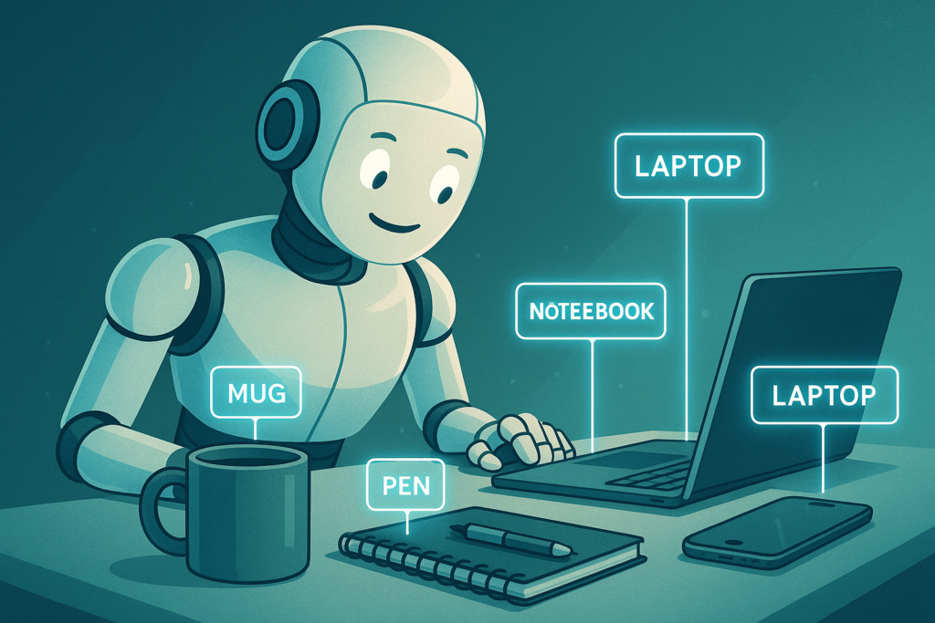 A humanoid robot recognizing everyday objects with labels
